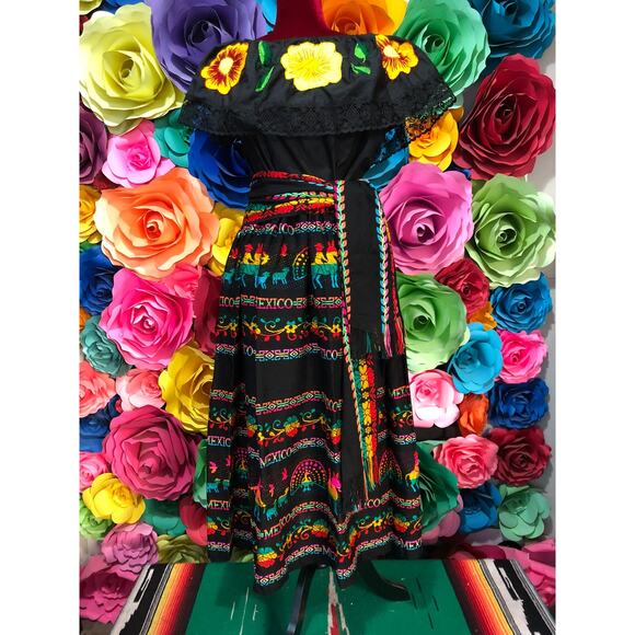 Mexican 3 piece set Blouse Cambaya skirt elastic waist and belt or mini rebozo - Picture 11 of 13